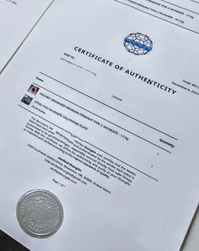Verified Shungite certificate of authenticity